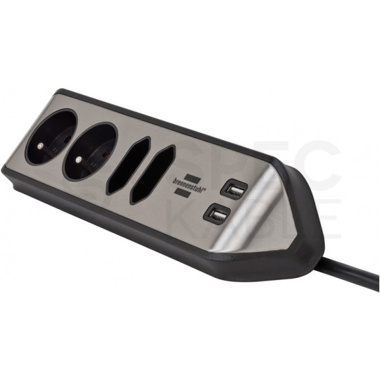 Przedłużacz elektryczny Listwa zasilająca narożna Estilo na 2 gniazda [2P+Z] + 2 płaskie [2P] + 2 gniazda USB (5V 3,1A) srebrno-czarna 2m Brennenstuhl