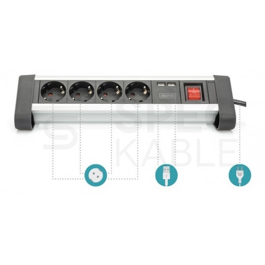 Przedłużacz elektryczny Listwa zasilająca Obrotowa na 4 gniazda [2P+Z] Schuko + 2 gniazda USB (5V 2,4A) z wyłącznikiem srebrno-czarna 1,5m DIGITUS