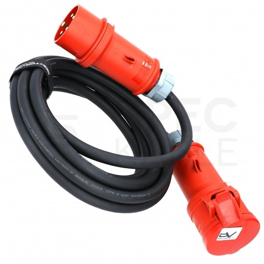 Przedłużacz siłowy Kabel zasilający budowlany gumowy OnPD 5x2,5mm2 (wtyk Mennekes [5p] / gniazdo Mennekes [5p] z klapką) 400V 16A IP44 czarny 10m Doktorvolt