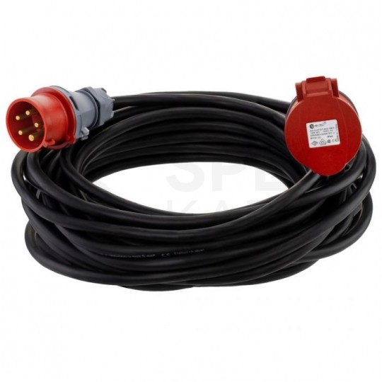 Przedłużacz siłowy Kabel zasilający budowlany gumowy OW 5x2,5mm2 (wtyk [5p] / gniazdo [5p] z klapką) 400V 32A IP44 czarny 20m