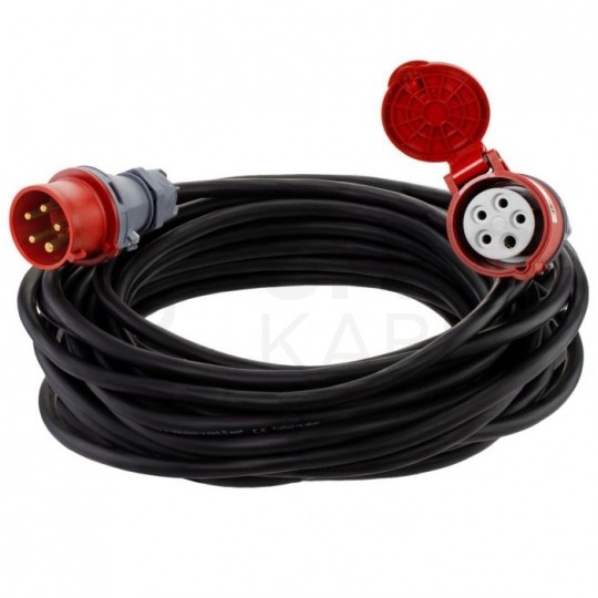 Przedłużacz siłowy Kabel zasilający budowlany gumowy OW 5x2,5mm2 (wtyk [5p] / gniazdo [5p] z klapką) 400V 32A IP44 czarny 20m