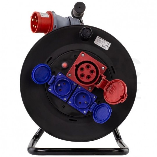 Przedłużacz siłowy zwijany na bębnie Rozgałęźnik budowlany na 1 gniazdo siłowe [5p] 400V 16A + 2 gniazda [2P+Z] 230V 16A IP44 na kablu OW 5x2,5mm2 30m