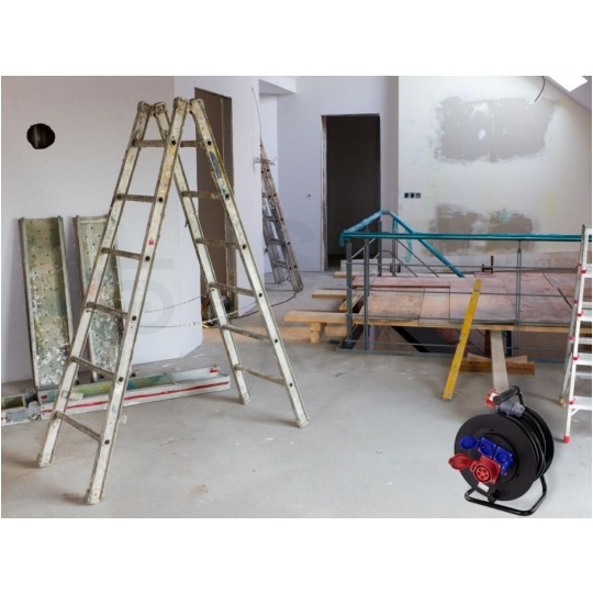 Przedłużacz siłowy zwijany na bębnie Rozgałęźnik budowlany na 1 gniazdo siłowe [5p] 400V 16A + 2 gniazda [2P+Z] 230V 16A IP44 na kablu OW 5x2,5mm2 30m