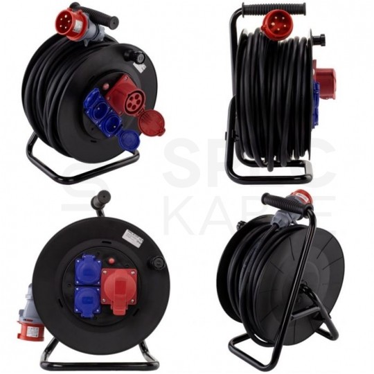 Przedłużacz siłowy zwijany na bębnie Rozgałęźnik budowlany na 1 gniazdo siłowe [5p] 400V 16A + 2 gniazda [2P+Z] 230V 16A IP44 na kablu OW 5x2,5mm2 30m