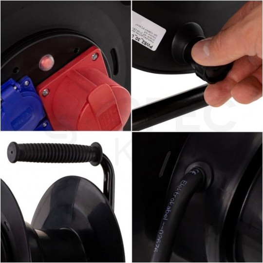 Przedłużacz siłowy zwijany na bębnie Rozgałęźnik budowlany na 1 gniazdo siłowe [5p] 400V 16A + 2 gniazda [2P+Z] 230V 16A IP44 na kablu OW 5x2,5mm2 30m