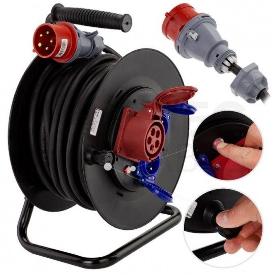 Przedłużacz siłowy zwijany na bębnie Rozgałęźnik budowlany na 1 gniazdo siłowe [5p] 400V 16A + 2 gniazda [2P+Z] 230V 16A IP44 na kablu OW 5x2,5mm2 30m