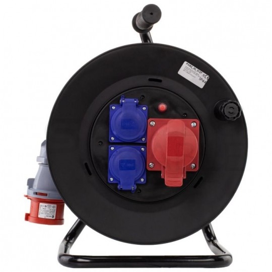 Przedłużacz siłowy zwijany na bębnie Rozgałęźnik budowlany na 1 gniazdo siłowe [5p] 400V 16A + 2 gniazda [2P+Z] 230V 16A IP44 na kablu OW 5x2,5mm2 30m