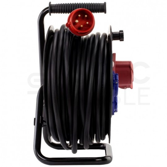 Przedłużacz siłowy zwijany na bębnie Rozgałęźnik budowlany na 1 gniazdo siłowe [5p] 400V 16A + 2 gniazda [2P+Z] 230V 16A IP44 na kablu OW 5x2,5mm2 30m