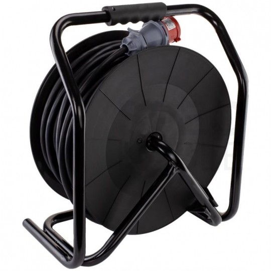 Przedłużacz siłowy zwijany na bębnie Rozgałęźnik budowlany na 1 gniazdo siłowe [5p] 400V 16A + 2 gniazda [2P+Z] 230V 16A IP44 na kablu OW 5x2,5mm2 40m