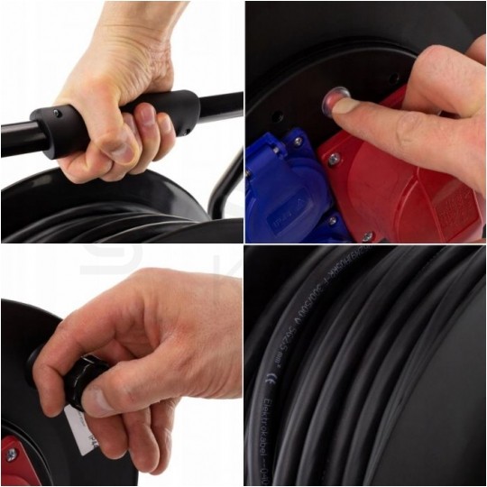 Przedłużacz siłowy zwijany na bębnie Rozgałęźnik budowlany na 1 gniazdo siłowe [5p] 400V 16A + 2 gniazda [2P+Z] 230V 16A IP44 na kablu OW 5x2,5mm2 40m