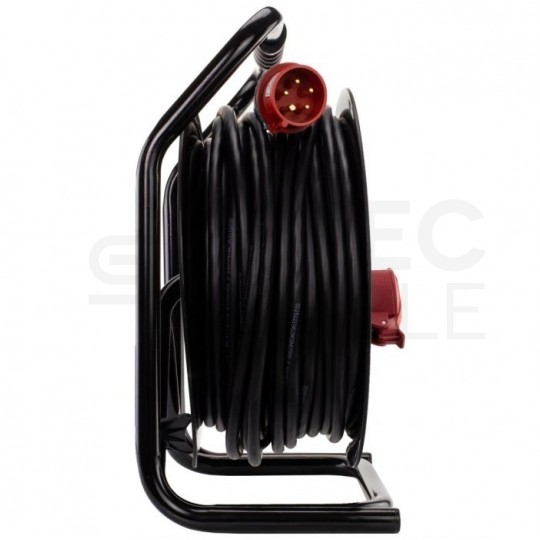 Przedłużacz siłowy zwijany na bębnie Rozgałęźnik budowlany na 1 gniazdo siłowe [5p] 400V 16A + 2 gniazda [2P+Z] 230V 16A IP44 na kablu OW 5x2,5mm2 40m