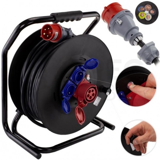 Przedłużacz siłowy zwijany na bębnie Rozgałęźnik budowlany na 1 gniazdo siłowe [5p] 400V 16A + 2 gniazda [2P+Z] 230V 16A IP44 na kablu OW 5x2,5mm2 40m