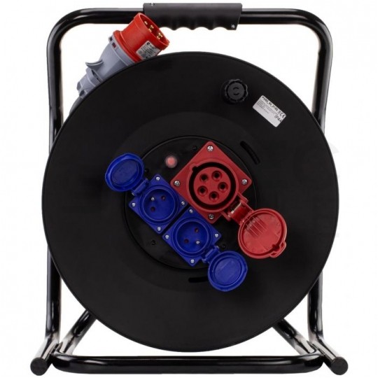 Przedłużacz siłowy zwijany na bębnie Rozgałęźnik budowlany na 1 gniazdo siłowe [5p] 400V 16A + 2 gniazda [2P+Z] 230V 16A IP44 na kablu OW 5x2,5mm2 50m