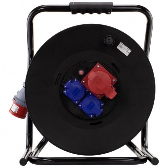 Przedłużacz siłowy zwijany na bębnie Rozgałęźnik budowlany na 1 gniazdo siłowe [5p] 400V 16A + 2 gniazda [2P+Z] 230V 16A IP44 na kablu OW 5x2,5mm2 50m