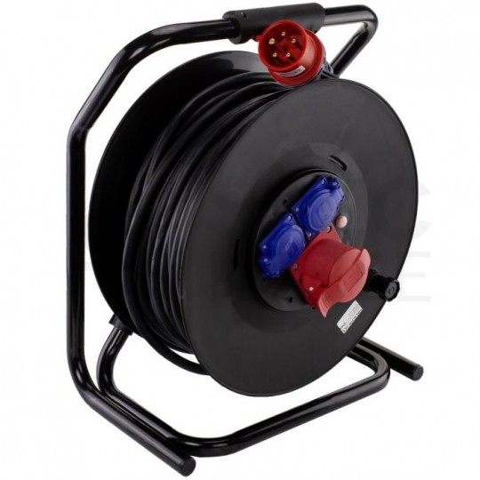 Przedłużacz siłowy zwijany na bębnie Rozgałęźnik budowlany na 1 gniazdo siłowe [5p] 400V 16A + 2 gniazda [2P+Z] 230V 16A IP44 na kablu OW 5x2,5mm2 50m