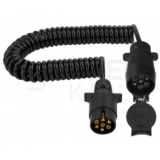 Przedłużacz spiralny QLY-s kabel do przyczepy zakończony plastikowymi złączami 7-pin 12V (gniazdo podwieszane / wtyk) 4m