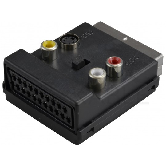 Przejście Adapter EURO SCART (wtyk 21-pin) / 3x RCA Cinch (gniazdo) + S-Video (gniazdo) + EURO SCART (gniazdo 21-pin)