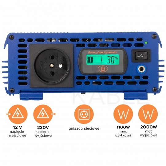 Przetwornica napięcia 12V / 230V czysty SINUS 1100/2000W + tryb Eco i pilot sterujący AZO Digital IPS-2000S PRO ECO MODE