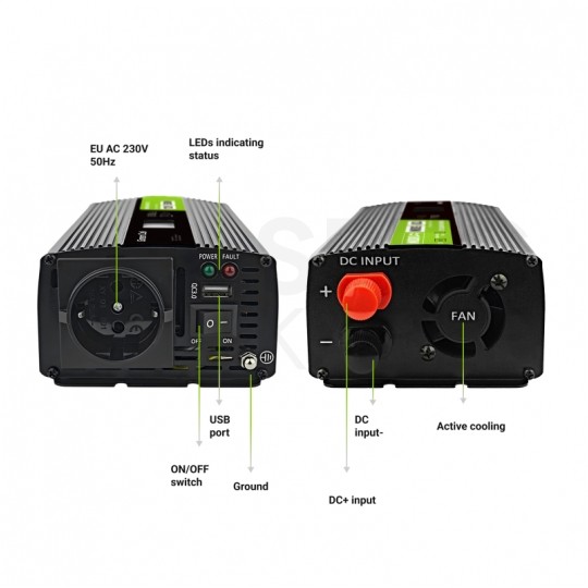 Przetwornica napięcia Inwerter z wyświetlaczem LCD 12V / 230V czysty SINUS 500/1000W z gniazdem Schuko Green Cell