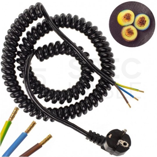 Przewód zasilający OMY spiralny 3x1,5mm2 kabel H03VVH8-F z wtyczką kątową [2P+Z] Uni-Schuko czarny 0,7m / 4m