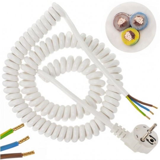 Przewód zasilający OMY spiralny 3x1mm2 kabel H03VVH8-F z wtyczką kątową [2P+Z] Uni-Schuko biały 0,62m / 4m