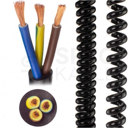 Przewód zasilający OMY spiralny 3x1mm2 kabel H03VVH8-F z wtyczką kątową [2P+Z] Uni-Schuko czarny 0,35m / 2,2m