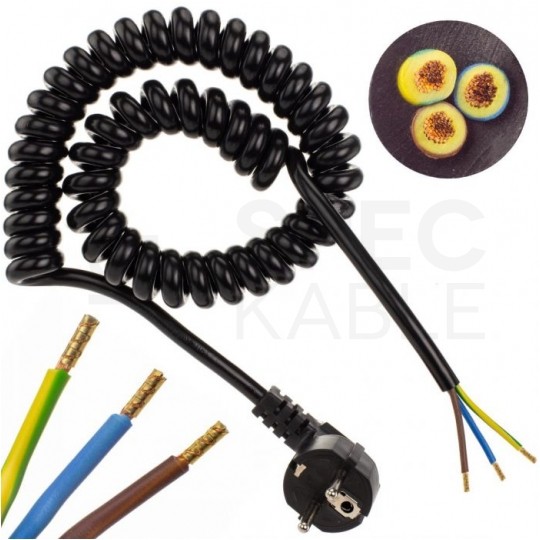 Przewód zasilający OMY spiralny 3x1mm2 kabel H03VVH8-F z wtyczką kątową [2P+Z] Uni-Schuko czarny 0,35m / 2,2m