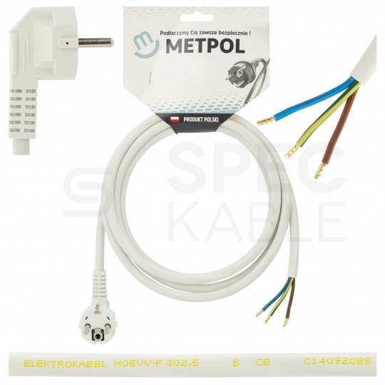 Przewód zasilający OWY (H05VV-F) 3x2,5mm2 biały 2,5m z wtyczką kątową [2P+Z] Uni-Schuko do piekarników, kuchenek, AGD, płyt indukcyjnych itp.