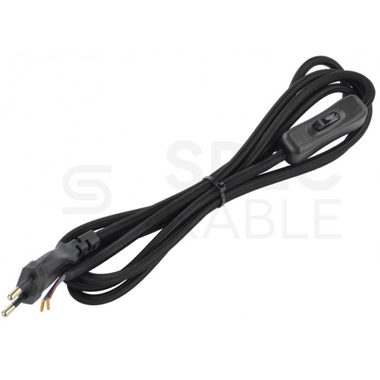 Przewód zasilający w oplocie do lampki 2x0,75mm2 z wtyczką [2P] 2,5A i wyłącznikiem czarny 2m