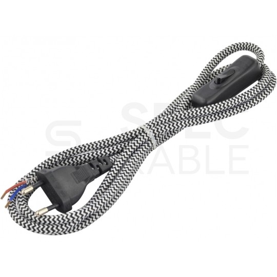 Przewód zasilający w oplocie do lampki 2x0,75mm2 z wtyczką [2P] 2,5A i wyłącznikiem zebra 2m