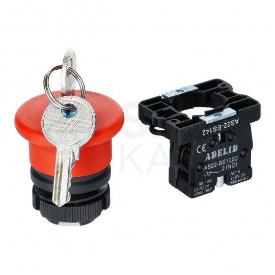 Przycisk bezpieczeństwa awaryjny sterowniczy grzybek metalowy z kluczykiem ADELID AS22-ES142
