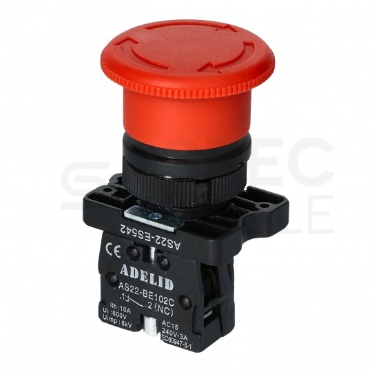 Przycisk bezpieczeństwa awaryjny sterowniczy, grzybek z blokadą poprzez obrót ADELID AS22- ES542