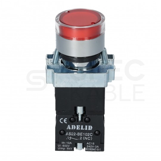 Przycisk sterowniczy podświetlany do kaset sterowniczych XB2 czerwony STOP z metalowym kołnierzem ADELID AS22-BW3462L