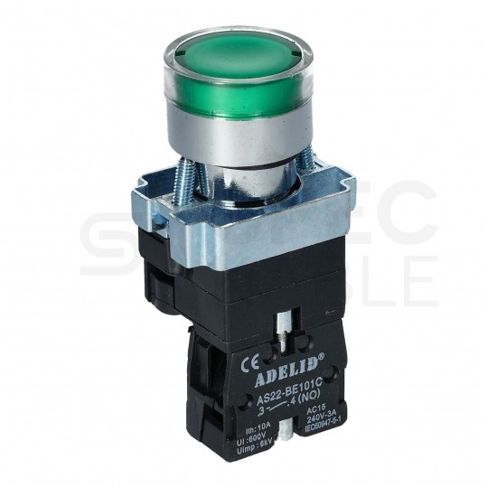 Przycisk sterowniczy podświetlany do kaset sterowniczych XB2 zielony START z metalowym kołnierzem ADELID AS22-BW3361L