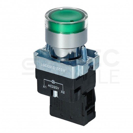 Przycisk sterowniczy podświetlany do kaset sterowniczych XB2 zielony START z metalowym kołnierzem ADELID AS22-BW3361L