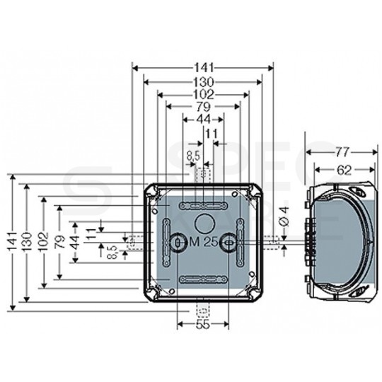 Puszka instalacyjna KF 0600 G natynkowa bez zacisków z linką łączącą pokrywę z podstawą 130x130x77mm hermetyczna IP66 szara HENSEL