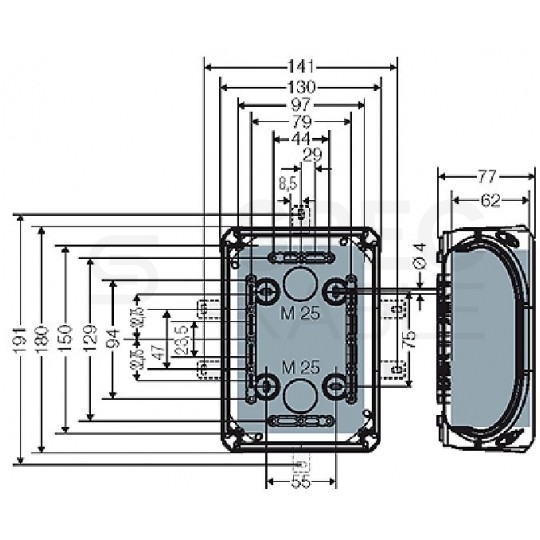 Puszka instalacyjna KF 1000 G natynkowa bez zacisków z linką łączącą pokrywę z podstawą 180x130x77mm hermetyczna IP66 szara HENSEL