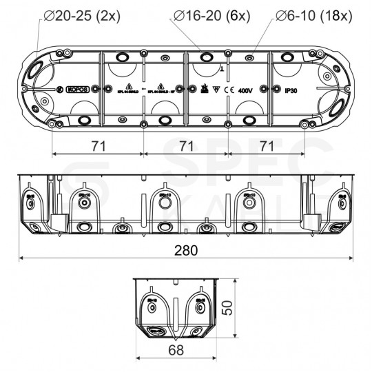 Puszka instalacyjna podtynkowa poczwórna do nidy 4x fi:60x50mm wiatroszczelna, dźwiękochłonna, głęboka z wkrętami KOPOS