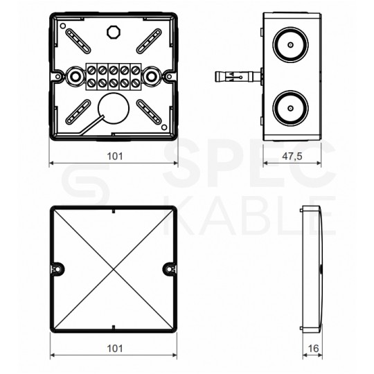 Puszka instalacyjna przeciwpożarowa KSK 100 PO natynkowa 101x101x63mm hermetyczna IP66 listwa 5-polowa pomarańczowa
