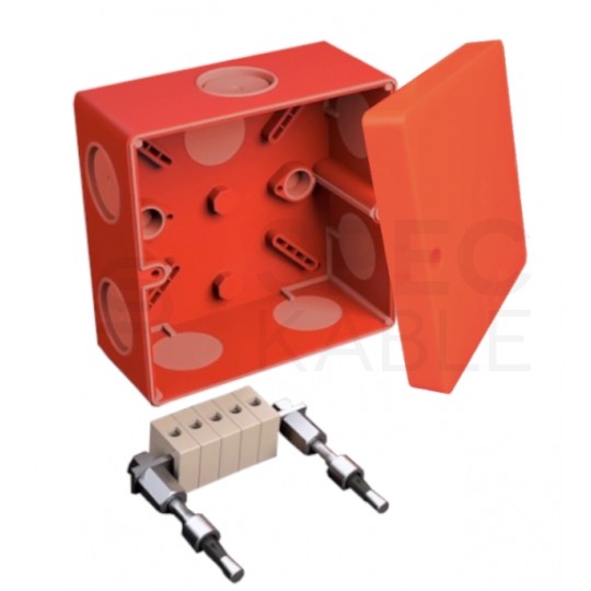 Puszka instalacyjna przeciwpożarowa KSK 100 PO natynkowa 101x101x63mm hermetyczna IP66 listwa 5-polowa pomarańczowa