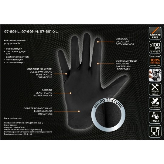 Rękawice robocze, ochronne nitrylowe rozmiar XL czarne 100szt 97-691-XL NEO