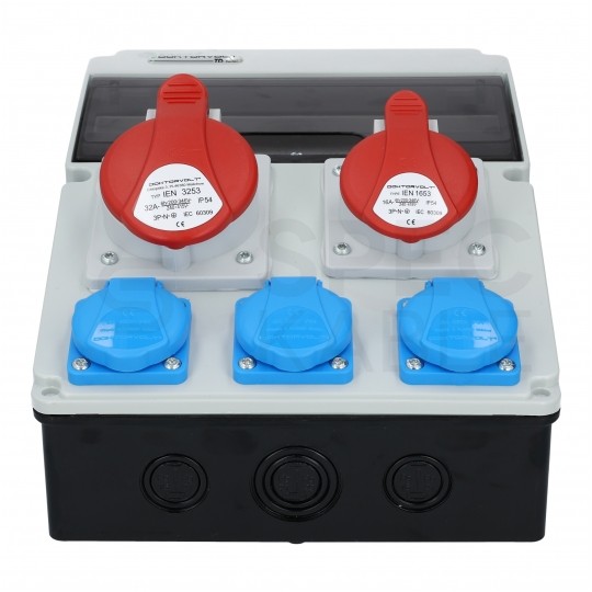 Rozdzielnica budowlana CAS_1 hermetyczna IP54 Bez zabezpieczeń + 32A/[5P] + 16A/[5P] + 3x230V/[2P+Z] DOKTORVOLT DV-8102-F