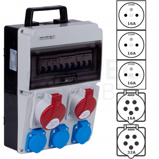 Rozdzielnica budowlana CAS_2-S hermetyczna IP54 Wyposażona + 2x gniazdo siłowe [5p] (400V 32A + 16A) + 3x gniazdo [2P+Z] (230V 16A) DOKTORVOLT DV-8119-F