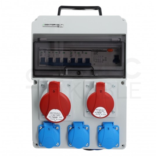 Rozdzielnica budowlana CAS_3-SFI hermetyczna IP54 Wyposażona + 32A/[5P] + 16A/[5P] + 3x230V/[2P+Z] DOKTORVOLT DV-8126-F