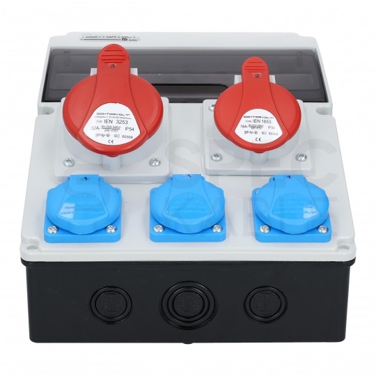 Rozdzielnica budowlana CAS_3-SFI hermetyczna IP54 Wyposażona + 32A/[5P] + 16A/[5P] + 3x230V/[2P+Z] DOKTORVOLT DV-8126-F