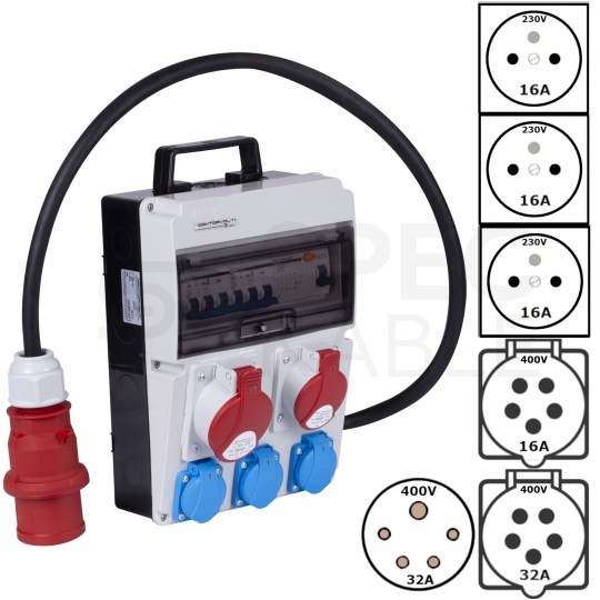 Rozdzielnica budowlana CAS_4-SFI hermetyczna IP44 Wyposażona + 2x gniazdo siłowe [5p] (400V 32A + 16A) + 3x gniazdo [2P+Z] (230V 16A) + wtyk siłowy [5P] (400V 32A) DOKTORVOLT DV-8133-F