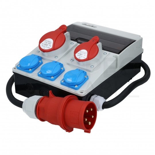 Rozdzielnica budowlana CAS_4-SFI hermetyczna IP44 Wyposażona + 32A/[5P] + 16A/[5P] + 3x230V/[2P+Z] + wtyk 32A/[5P] DOKTORVOLT DV-8133-F