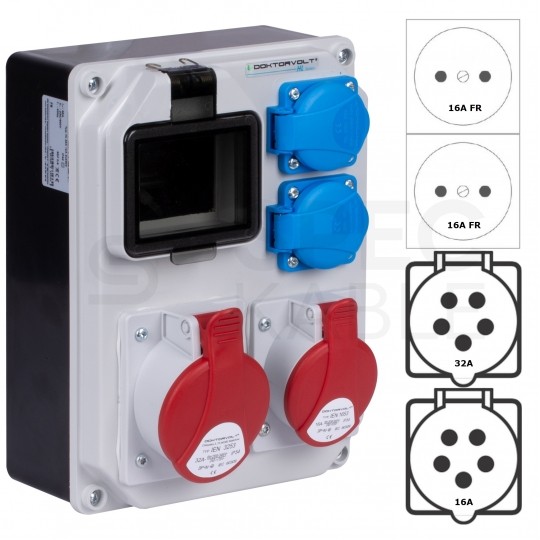 Rozdzielnica budowlana HL hermetyczna IP44 Bez zabezpieczeń + 2x gniazdo siłowe [5p] (400V 32A + 16A) + 2x gniazdo [2P+Z] (230V 16A) DOKTORVOLT DV-5330-F
