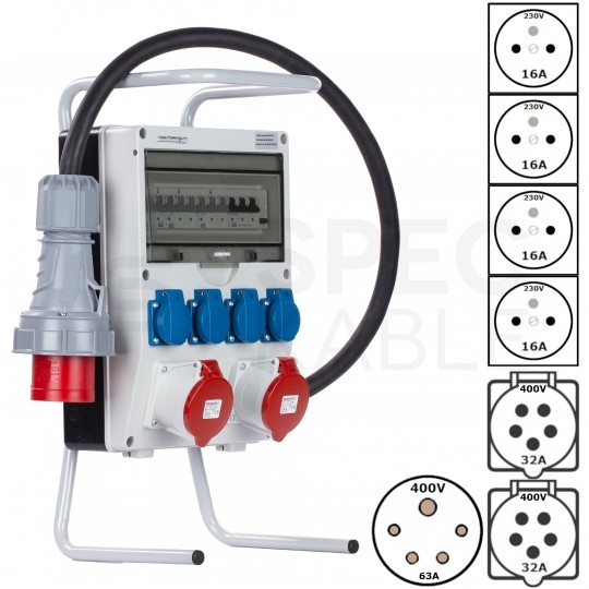 Rozdzielnica budowlana na stojaku TD-S/FI hermetyczna IP44 Wyposażona + 2x gniazdo siłowe [5p] (400V 2x32A) + 4x gniazdo [2P+Z] (230V 16A) + wtyk siłowy [5P] (400V 63A) DOKTORVOLT DV-1697-F