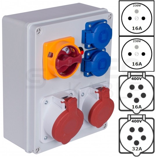 Rozdzielnica budowlana R-BOX IP44 przenośna [5P]/32A + [5P]/16A + 2x[2P+Z]/250V + wyłącznik L/P IP44 PAWBOL
